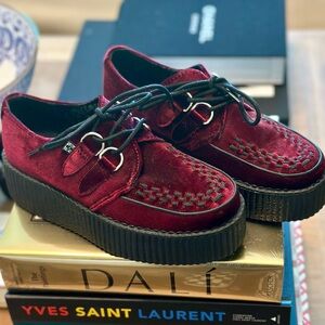 T.U.K. Creepers in Oxblood velour. Men’s 5; Women’s 7